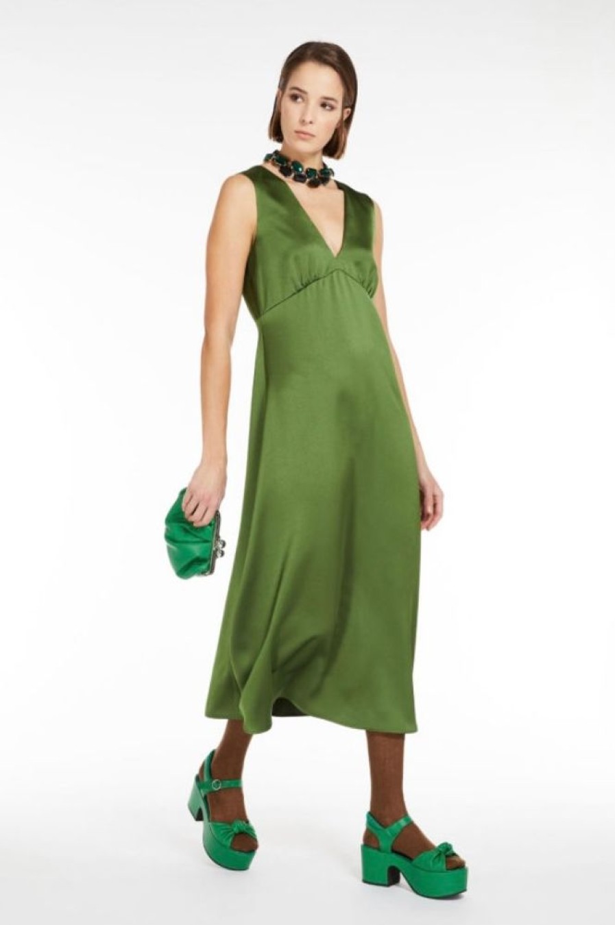 Abbigliamento Le Chicche | Max Mara Weekend Abito Svasato In Raso Verde T. 42