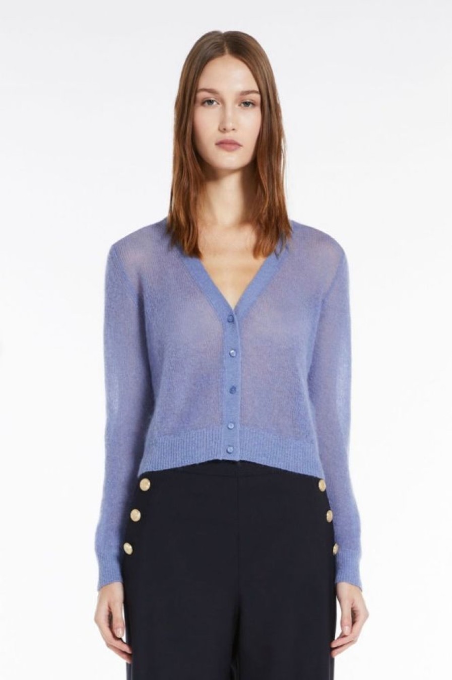 Abbigliamento Le Chicche | Max Mara Studio Cardigan In Garza Mohair Azzurro T.42