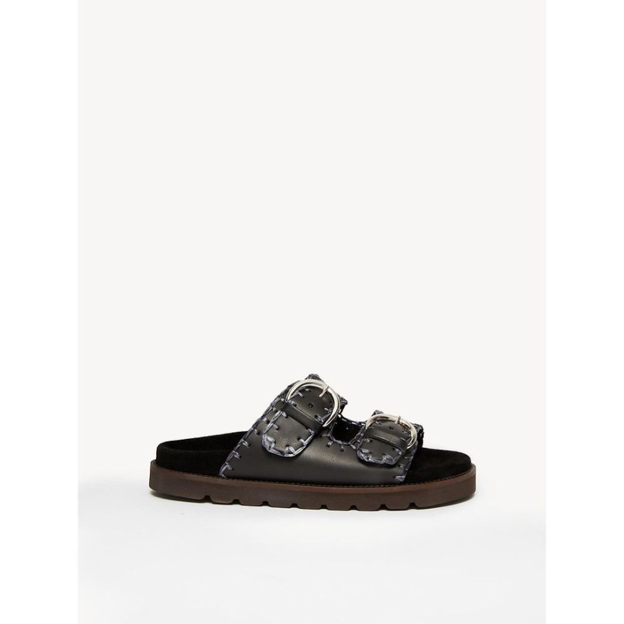 Scarpe Le Chicche | Max Mara Weekend Sandalo Fussbett Con Tomaia In Cuoio Blu Notte N. 37