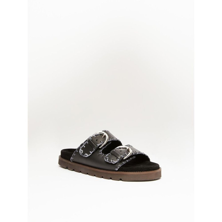 Scarpe Le Chicche | Max Mara Weekend Sandalo Fussbett Con Tomaia In Cuoio Blu Notte N. 37