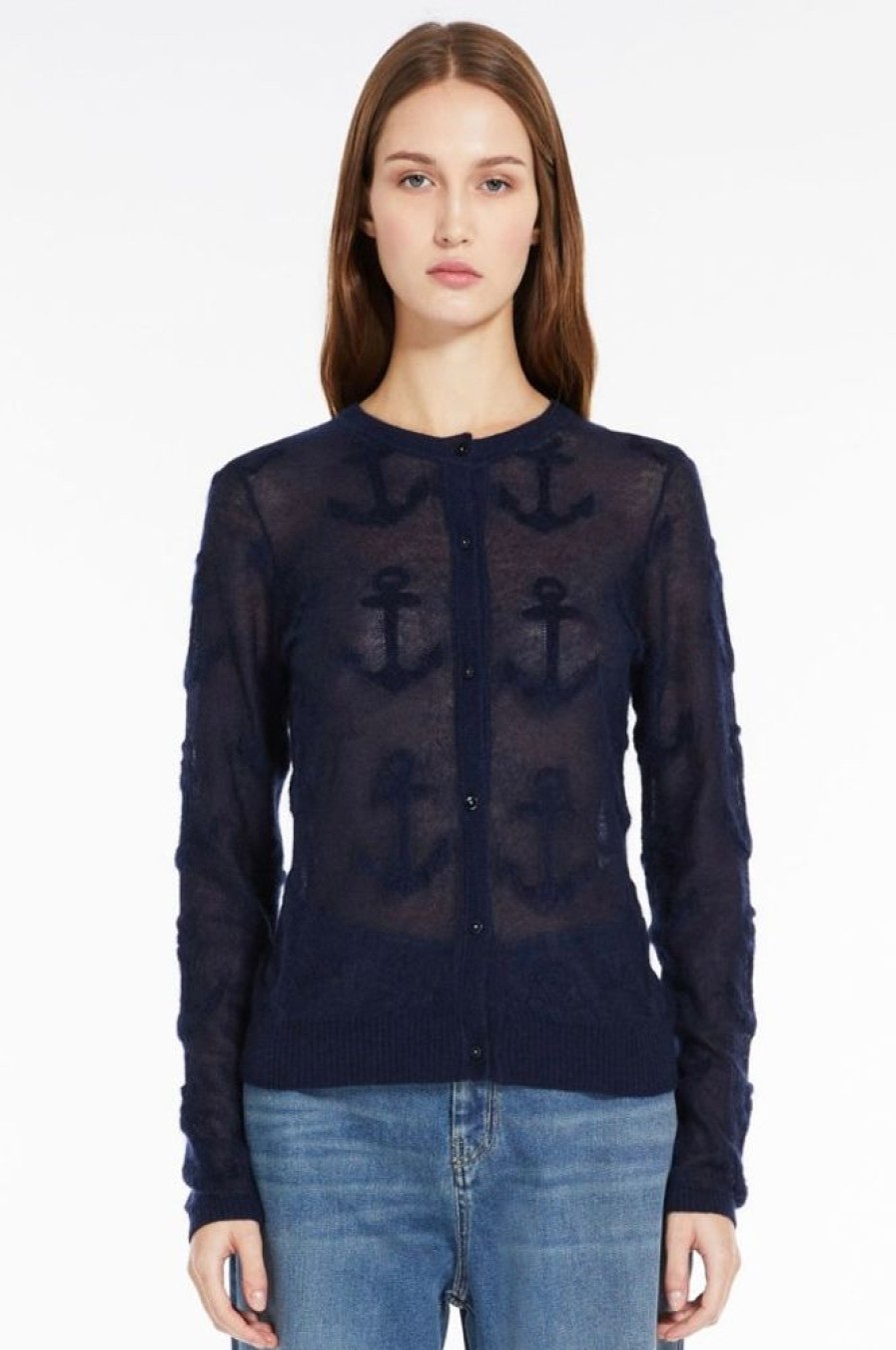 Abbigliamento Le Chicche | Max Mara Studio Cardigan In Garza Mohair Jacquard Blu T. 42