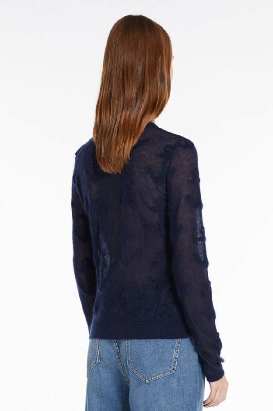 Abbigliamento Le Chicche | Max Mara Studio Cardigan In Garza Mohair Jacquard Blu T. 42